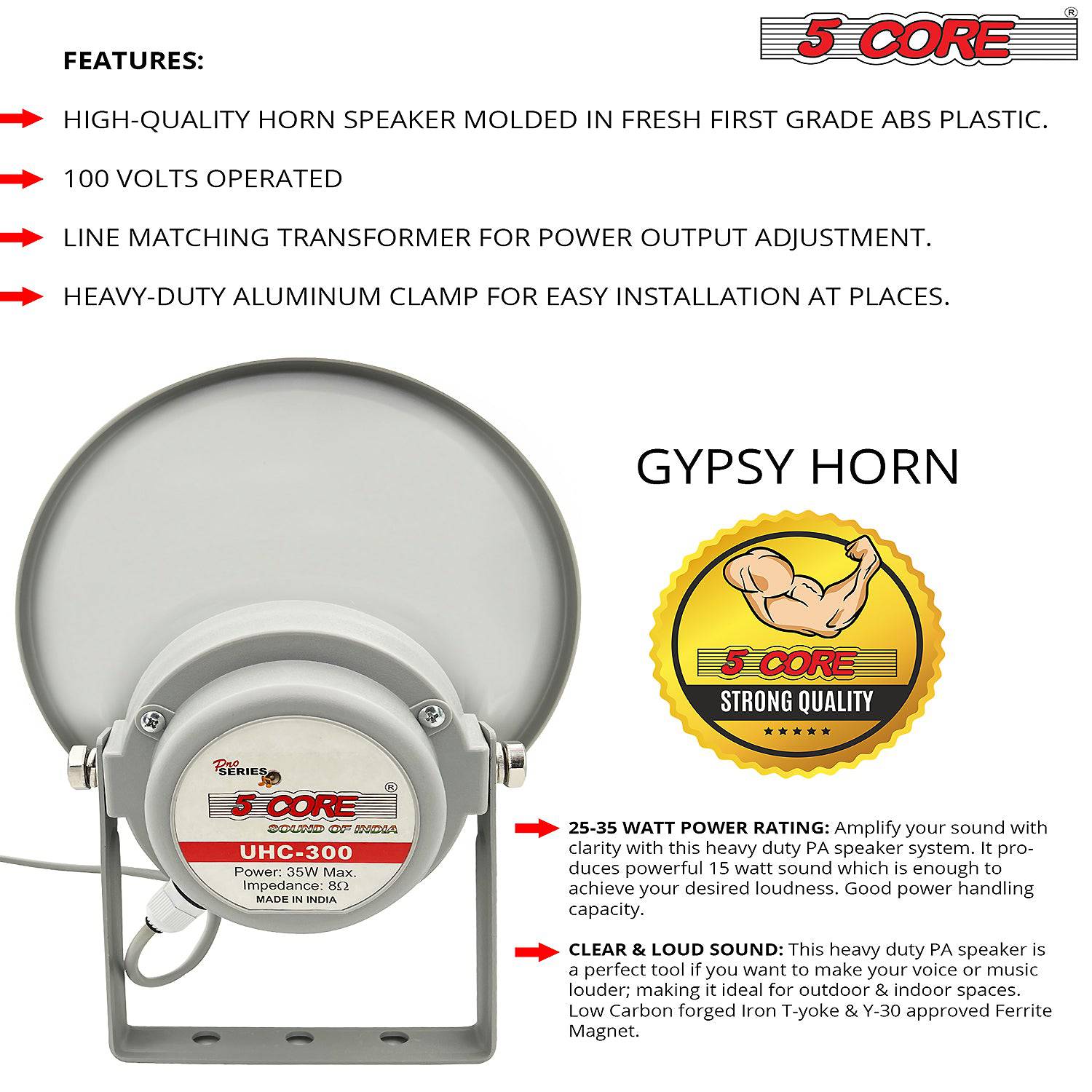 5Core PA Power Horn Indoor Outdoor PRO Waterproof Speaker Driver ABS 100W Siren UHC 300 - Image 2