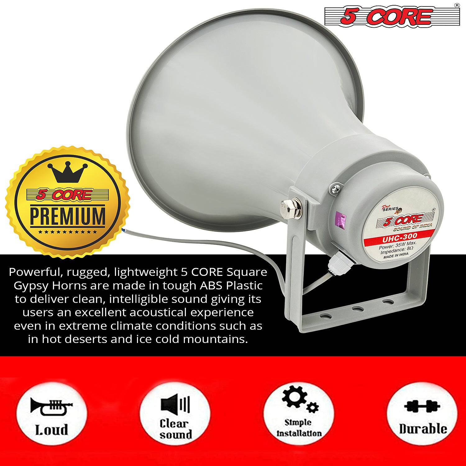 5Core PA Power Horn Indoor Outdoor PRO Waterproof Speaker Driver ABS 100W Siren UHC 300 - Image 3